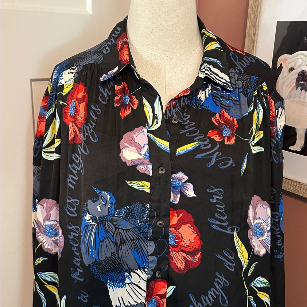 Free People Silky Nights Floral birds whimsical Black M oversized hi lo blouse - Picture 4 of 11